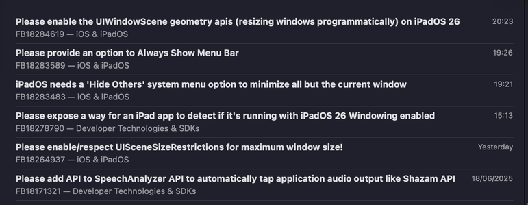 Screenshot of Feedback Assistant app with several radars filed, most re iPad windowing
