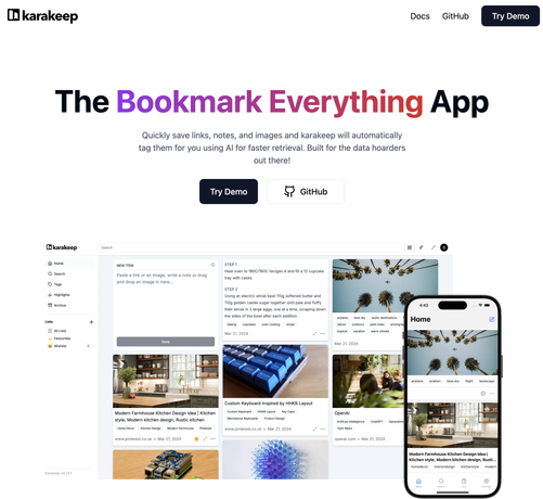 A karakeep website screenshot showing the app in action and making publicity.