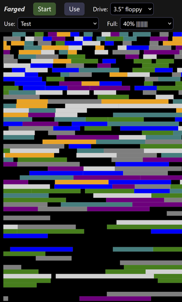 A screenshot of the work-in-progress Farged app. At the top is the toolbar, with Start, Use, and options to select the type of drive, its typical use, and its fill state. Below that is a diagram of the file occupancy on the disk. Short coloured bars occupy the start of the diagram, and longer bars towards the end. Gaps are between most files.