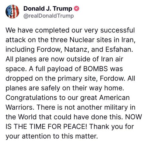 Tuit de Trump anunciando el ataque a Irán.