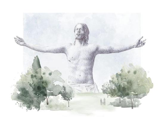 Dibujo a acuarela del cristo, brazos extendidos y de rodillas. 