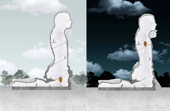 Dibujo del cristo de perfil, grafica explicando como su corazon esnun ascensor que sube y baja hasta su entrepierna. 