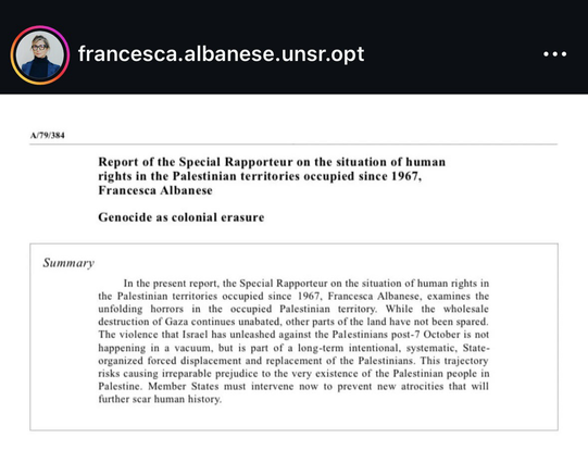 RT/ Francesca Albanese UN Special Rapporteur #oPt 28 October 2024 https://www.instagram.com/p/DBrP2BXMUTw 