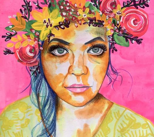 Woman with a flowered head piece 