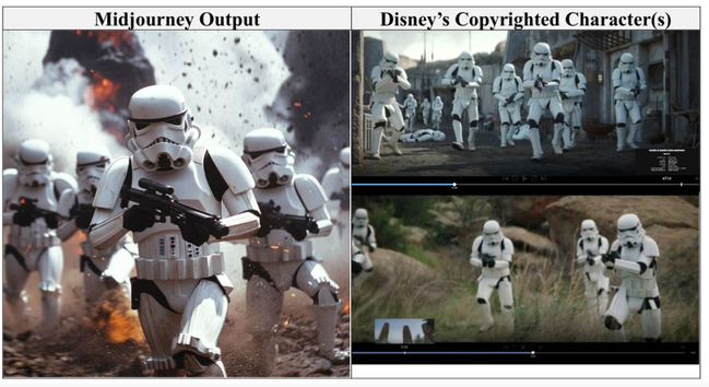 Screenshot from Disney lawsuit showing comparison between Midjourney's generated stormtroopers and from the original movie