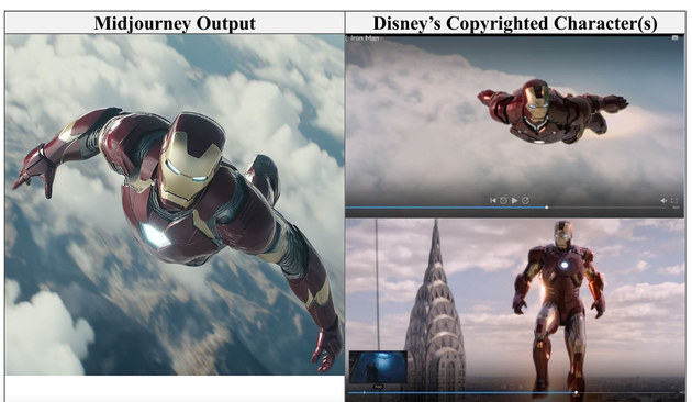Screenshot from lawsuit showing comparison between Iron Man generated by Midjourney and original