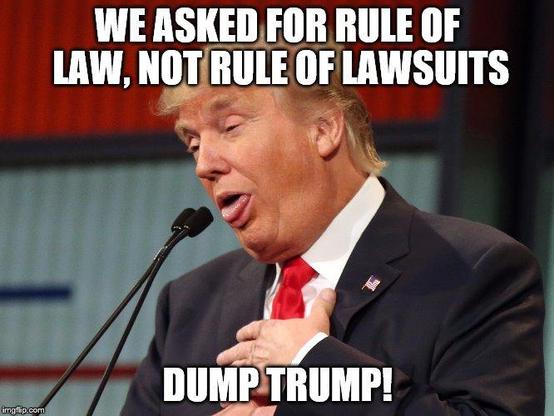 Meme of Trump with text overlayed "We asked for rule of law not rule of lawsuits. Dump Trump!"