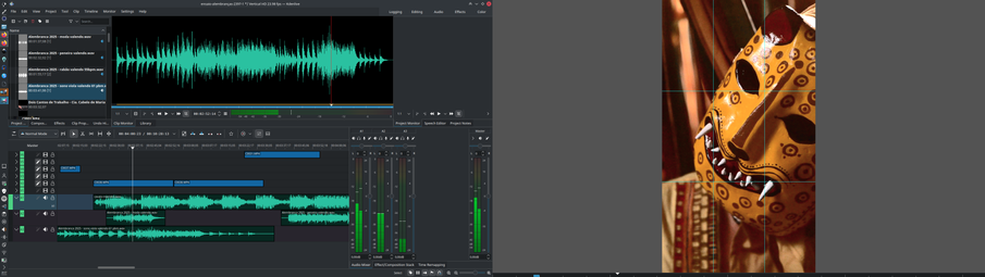 Kdenlive interface showing the timeline and audio wavefoms. On the other screen you a closeup of a person wearing a stylized jaguar mask. 