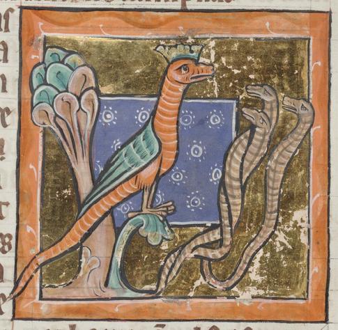 A crowned stripy orange-red, green winged basilisk with a long snake-like neck and tail taking homage from three stripy brown snakes standing on their tails.