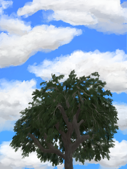 A painting of a tree in shade under a bright blue sky full of shining clouds.