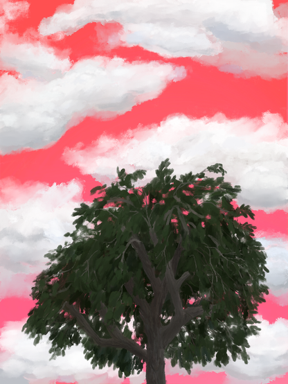 A painting of a tree in shade under a neon pink and orange sky full of sunlit clouds.