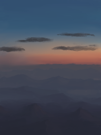 A painting done from an airplane just outside Las Vegas after sunset. The sky is dark blue with a vivid ribbon of red and orange on the horizon, fading to a dusky color towards the left. Below are desert hills, dark blue and purple in the twilight.
