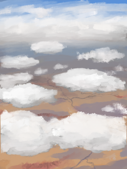 A painting done from an airplane. It depicts a mess of clouds from above, floating over the Arizona desert. The ground fades to a misty blue in the distance, and there's a larger mass of clouds on the horizon.