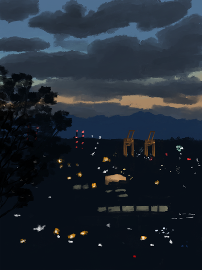 A painting looking out over Seattle in the evening twilight. Dark clouds dot the sky. The mountains are blue, and th city and the sound are near black, dotted with lights. There's the silhouette of a pine tree in the foreground.