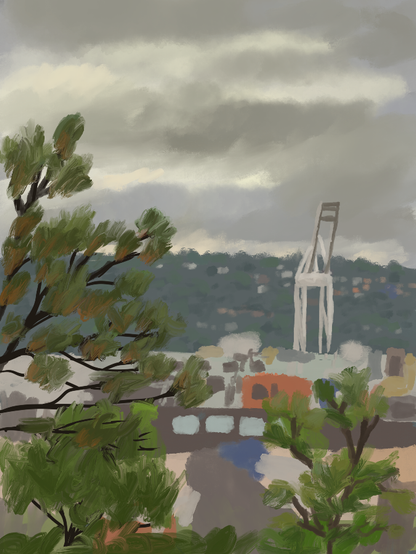 A painting depicting a view of Seattle from a hill on a cloudy day. There's a warm yellow light, with trees in the foreground, various buildings and ship loading cranes in the midground, and hills dotted with houses in the background.