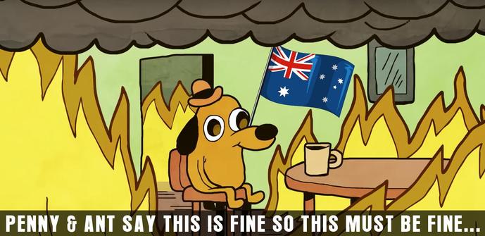 An image of the animated "this is fine" dog sitting amongst flames holding an Australian Flag with text which reads "Penny & Ant say this is Fine so this must be Fine..."