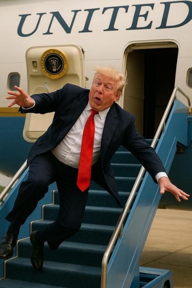 Satirical image of Trump stumbling down the steps of Air Force One, making a surprised goofy expression. 