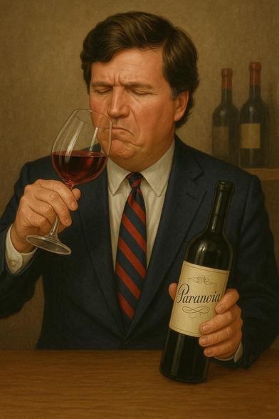 Tucker Carlson holding a glass of red wine and a bottle labeled "Paranoia." He appears to be critically tasting the wine, showing a pensive expression. In the background, several wine bottles are visible on a shelf.