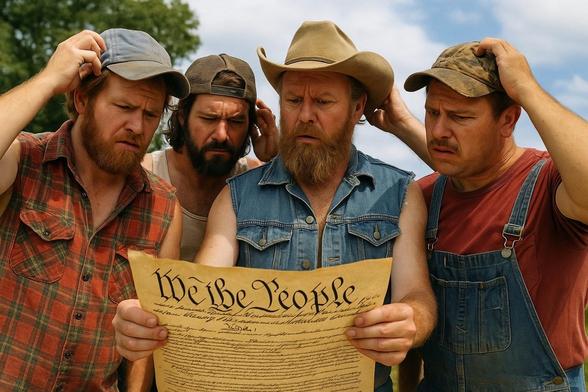 Four men in redneck attire are gathered around a document that reads "We the People." They display expressions of confusion and concentration while examining the paper outdoors under a clear sky.