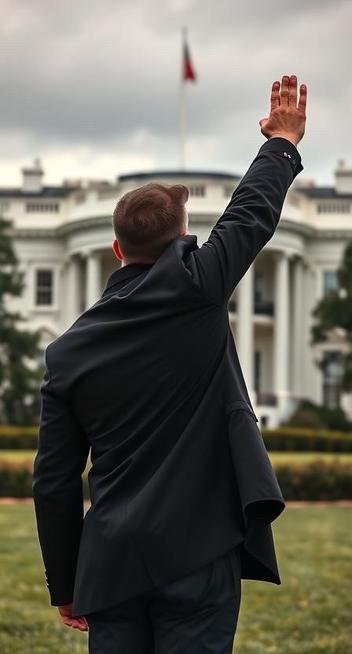 Satirical image of Musk standing with his back to the camera, raising one hand in a wave aka Roman Salute aka Nazi salute. The background features the White House and a cloudy sky.