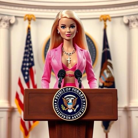 A stylized doll resembling the press secretary at a podium featuring the presidential seal. The doll wears a pink suit and has long blonde hair, with an American flag and other official seals in the background, suggesting a political setting.