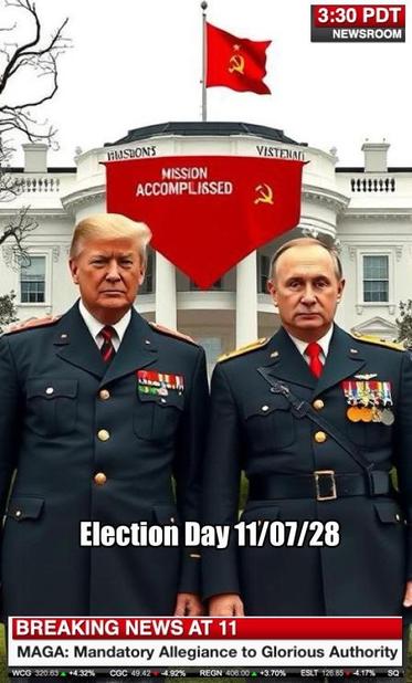 Trump and Putin in Soviet style military uniforms standing in front of the White House, with a Soviet flag displayed prominently above them. A banner reading "MISSION ACCOMPLISHED" is visible, along with text indicating "Election Day 11/07/28