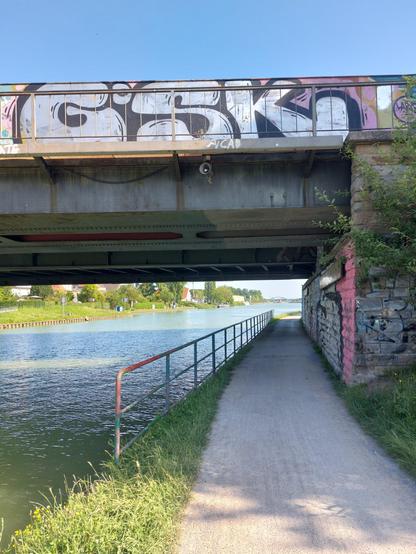 Foto unter einer Brücke her auf den Dortmund-Ems-Kanal. Rechts ein Fußweg.