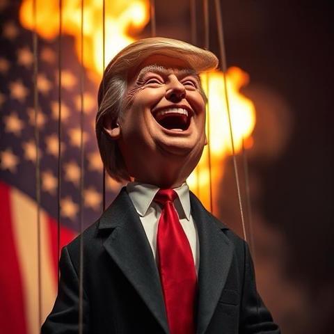 A puppet of Trump on strings, laughing. The background features a blurred American flag and flames, creating a dramatic effect.