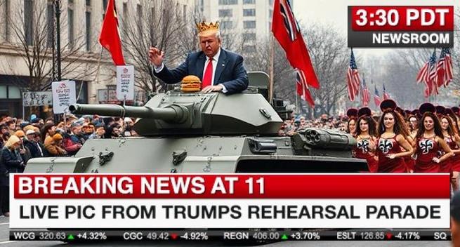 A satirical image featuring Trump, adorned with a crown and holding a burger, sitting atop a tank. The scene depicts a parade with a crowd and cheerleaders in the background, accompanied by news-style text
