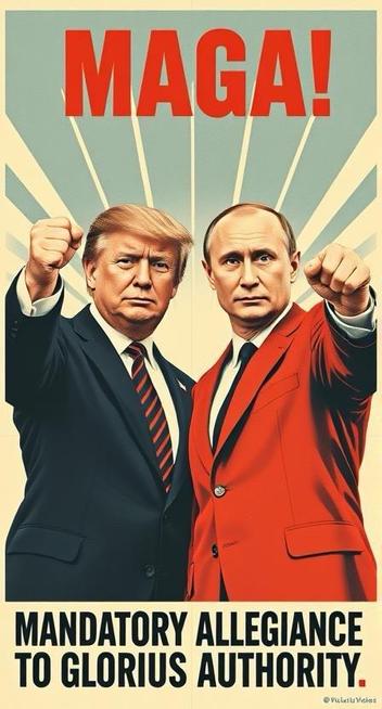 A satirical propaganda poster with Trump and Putin both striking a posed stance. The text above reads "MAGA!" and the text below states "MANDATORY ALLEGIANCE TO GLORIOUS AUTHORITY”