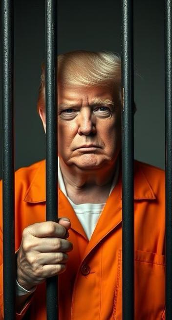 Satirical image of Trump in an orange prison jumpsuit is holding onto black prison bars, displaying a serious expression. The background is dark, emphasizing the figure's features.