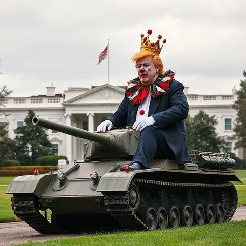 Trump dressed as a clown, wearing a crown, is sitting on top of a small military tank in front of the White House. The clown has colorful makeup, and the scene conveys a satirical tone.