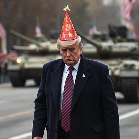 Satirical image of Trump wearing a party hat as he walks in front of military tanks on a street, with American flags visible in the background.
