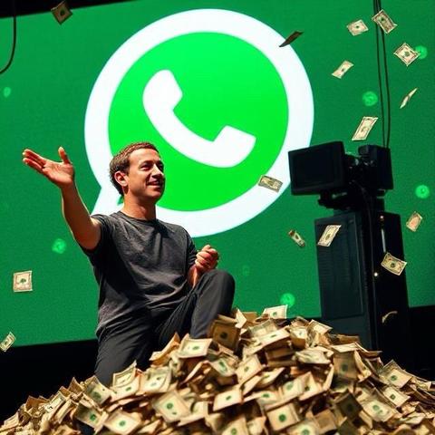 Mark Zuckerberg sitting on a pile of money gesturing playfully, with a large green WhatsApp logo displayed prominently in the background. Dollar bills are scattered around, creating a celebratory atmosphere.