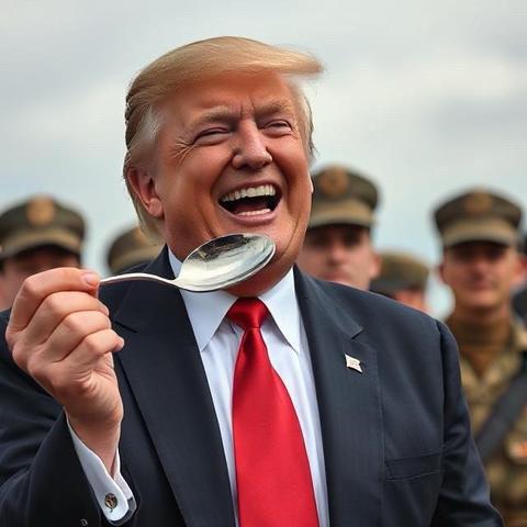 Satirical image of Trump in a suit and red tie laughing while holding a large silver spoon. He is surrounded by people in military uniforms in the background. The sky is partly cloudy.