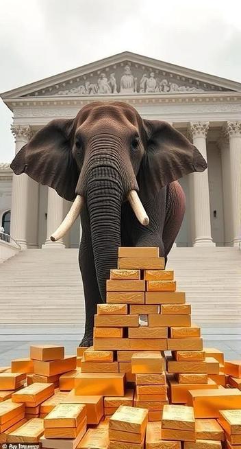 GOP elephant stands in front of the Supreme Court building, surrounded by a pile of gold bars he delivered
