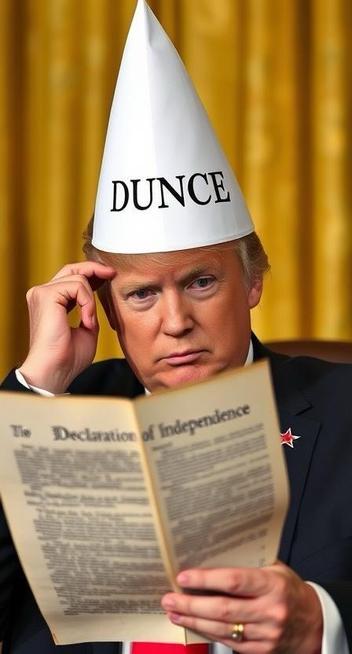 Trump wearing a dunce cap labeled "DUNCE" is reading a document titled "The Declaration of Independence." The background features a golden curtain.