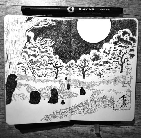 Dessin dans un petit carnet représentant de sombres créatures suivant un chemin entre des arbres décharnés sous la pleine lune