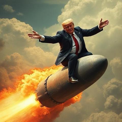 An illustration depicting Trump in a suit sitting on a rocket, with flames and smoke billowing behind him, against a dramatic sky filled with clouds.