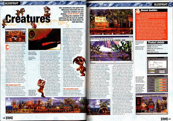 Photo of PC Zone’s magazine’s review of the Creatures video game by Charlie Brooker.