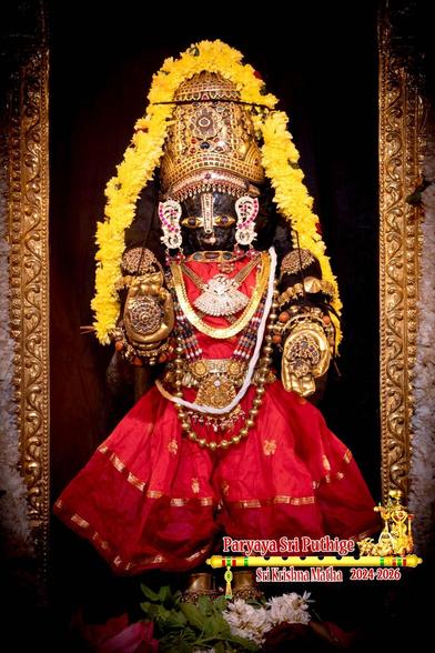 Idol of Hindu deity Krishna in deep red outfit, hands in blessing pose, wearing a gold crown, gold shoes, and several gold ornaments. A string of yellow flowers goes from Krishna's left elbow, over his crown, and down to his right elbow. Green holy basil leaves with some white flowers and a couple of red flowers at Krishna's feet. Just the sides of a gold arch around Krishna are visible.

Black cloth background with some deep red hue.