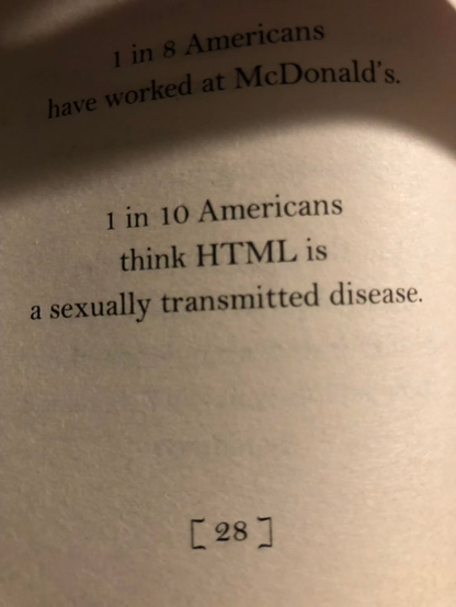 A page from a book displays two text facts. The top fact reads: "1 in 8 Americans have worked at McDonald's." The bottom fact, in larger and bolder text, reads: "1 in 10 Americans think HTML is a sexually transmitted disease."