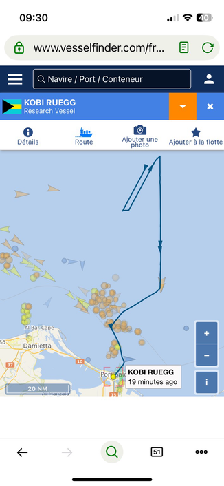 Screenshot from vesselfinder.com showing the route taken by the Kobi Ruegg from near the Madleen’s last reported position into Port Said.