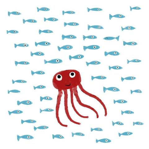 Un poulpe rouge au milieu de poissons bleus