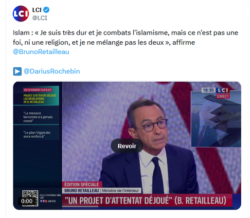 Islam : « Je suis très dur et je combats l'islamisme, mais ce n'est pas une foi, ni une religion, et je ne mélange pas les deux », affirme @BrunoRetailleau