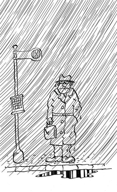 Karikatur eines Mannes an einer Bushaltestelle im Regen.