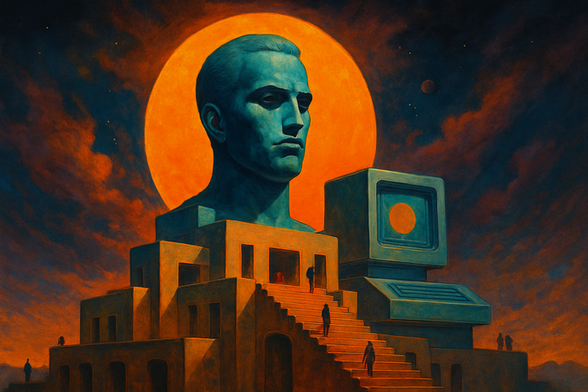 A retro-futuristic scene showing abstract educational technology structures merging with surreal landscapes, symbolising the intersection of institutional design and imaginative possibility.