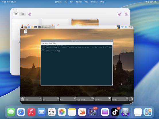 Screens running on iPadOS 26 with multiple windows, a Raspberry Pi shown over VNC, and a menu bar
