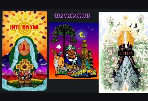 ALT: 3 ilustraciones. En la primera el Inti raymi una abuela montaña con los colores de la wipala y la chakana en el centro sostiene en sus manos a los pueblos que festejan y conmemoran este dia. Se ve un sol, cuyos rayos son mazorcas de maíz de diferentes colores
En el centro vemos el we tripantu: Una Machi en el centro descansa al lado del arbol sagrado en la noche, rodeada de animales que habitan sus territorios (puma, pajaro oescadie..) plantas y elementos sagrados de la cultura mapuche
En la tercera Litha, una mujer con los brazos abiertos adora y conecta con el sol, de su cabeza salen cuernos de cierco adornados y sobrevuelan aves. Su vestido negro está foemado por estrellas, nebulosas y elementos cosmicos y su falda se abre para mostrar un bosque donde hay un fuego y una figura humana enfrente. A su alrededor hay elementos del bosque, animales, flores y plantas y 2 seres mágicos de la floresta que salen de arbustos