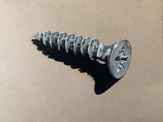 A screw draw in chalk and charcoal on tan paper